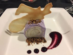 Blueberry cream angel food cake roulade, blueberry coulis with Nova Scotia routille