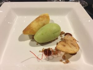 Chantilly filled crepe with green apple chips, green apples sorbet, caramel sauce and oatmeal crunch
